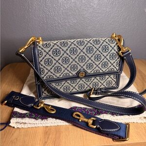 Tory Burch Navy and Cream Logo Jacquard Crossbody with Gold Hardware